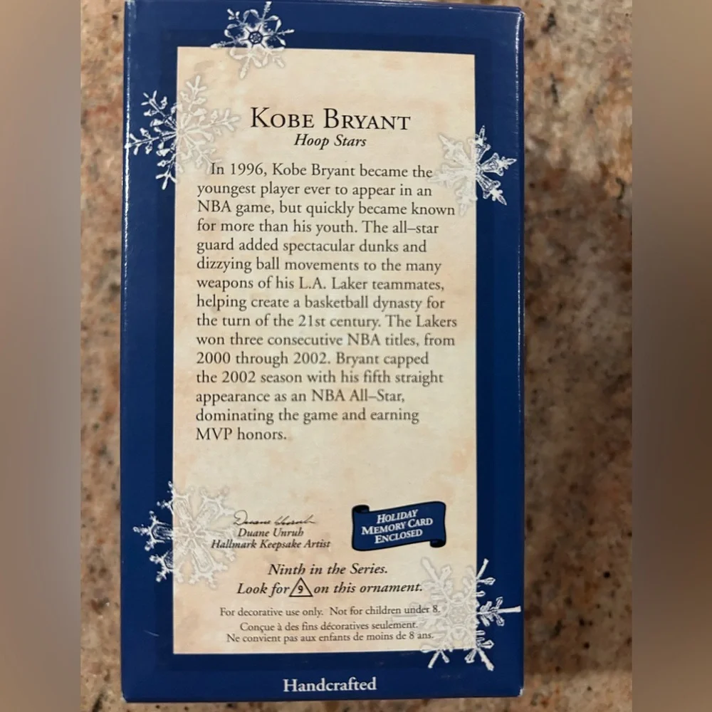 Kobe Bryant #8 Hallmark Keepsake Hoop Stars Ornament. NIB w/card.